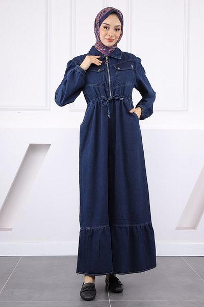 İmajButik Σκούρο μπλε τζιν φόρεμα με δεμένη μέση και μπροστινό φερμουάρ