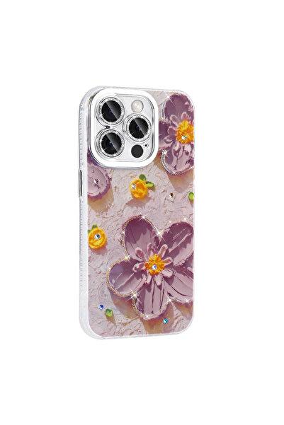 BUTAM BİLİŞİM iPhone 15 Pro Max Case Flower Patterned Shiny Stone Hard Silicone Garden Cover - Pink Light