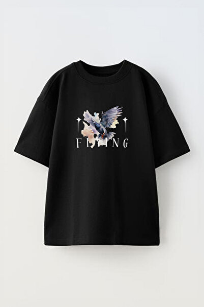 Anetos Tricou supradimensionat negru din bumbac cu imprimeu pe față Flying Pi...