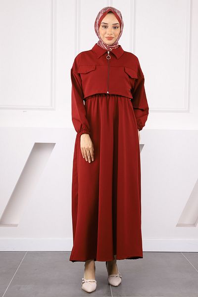 İmajButik Φόρεμα με μπορντό μπουφάν με ελαστική μέση