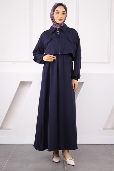 İmajButik Μπλε μπουφάν με ελαστικό φόρεμα στη μέση