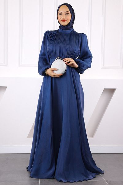 İmajButik Βραδινό φόρεμα σιφόν με μπλε ναυτικό μπλε μπροστινό δραπέ και ζώνη