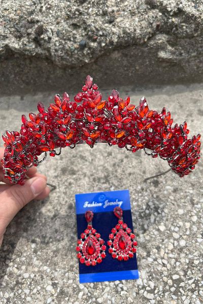 Hobigram Aldonsa Red Bridal Henna Crown Special Occasion Accessory Women's Crown and Drop Shuttle Earrings Set