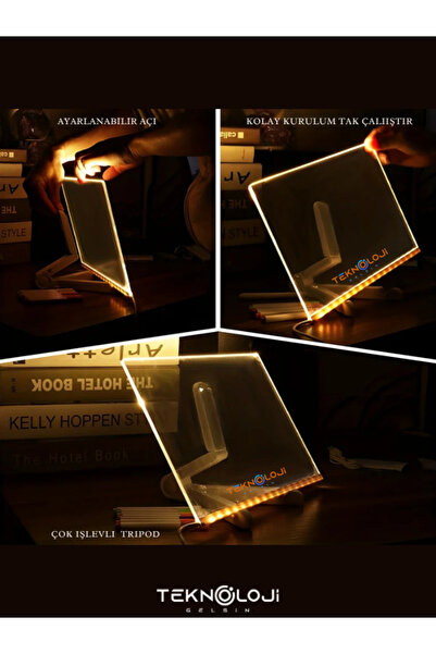 Teknoloji Gelsin Yazı Çizim Tahtası Led Işıklı 20X30 CM 7 Kalem ve Stant Hediyeli Neon Işıklı Eğitici Not Tahtası