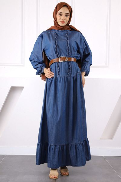 İmajButik Μπλε μανίκι ελαστική φούστα με ζώνη φόρεμα