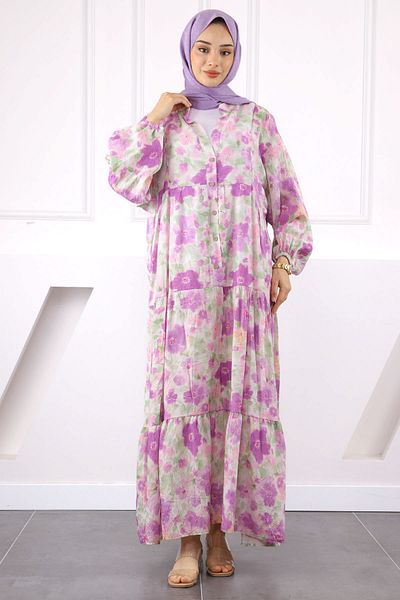 İmajButik Λιλά Φόρεμα με μισό κουμπί και φούστα