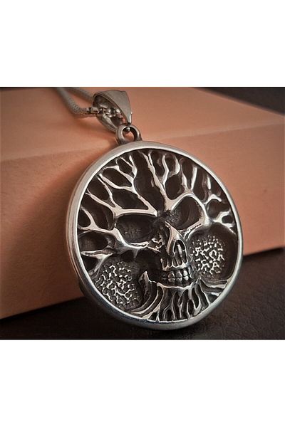 voyageaccessory Stainless Steel Tree of Life Detailed Skull Necklace /60 cm Chain