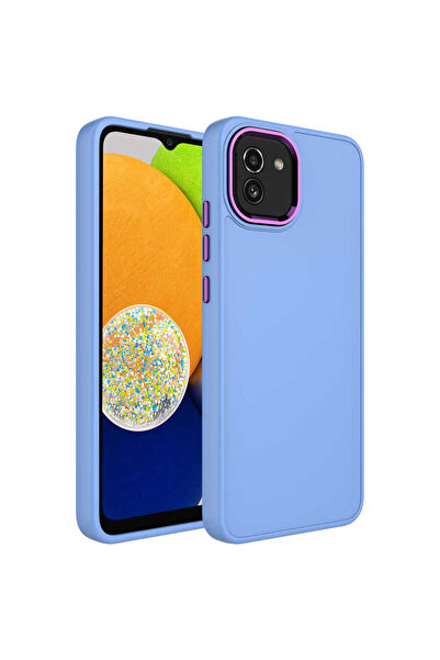 BUTAM BİLİŞİM حافظة لهاتف Galaxy A03 من السيليكون مع إطار معدني وتصميم زر ضغط - أرجواني