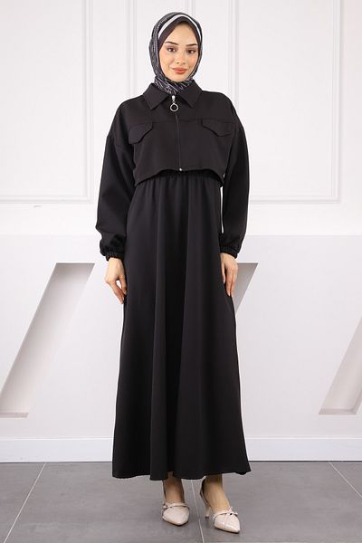 İmajButik Μαύρο μπουφάν συνδυασμένο ελαστικό φόρεμα μέσης