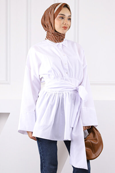 İmajButik Λευκό τουνίκ με δέσιμο στη μέση