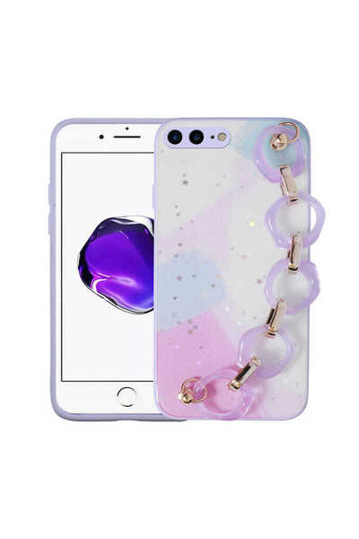 BUTAM BİLİŞİM iPhone 8 Plus Case Glitter Patterned Elsa Silicone Cover with Hand Strap Holder - Pink Dark