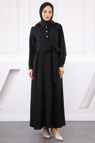 İmajButik Μαύρο φόρεμα Linda με δέσιμο στο πλάι