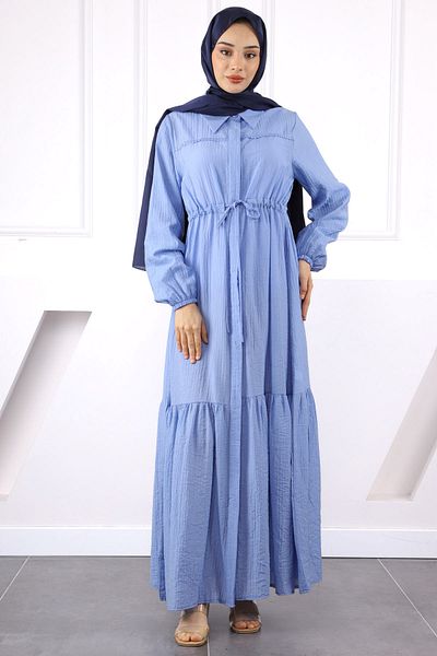 İmajButik Μπλε φόρεμα με δαντέλα με δέσιμο στη μέση
