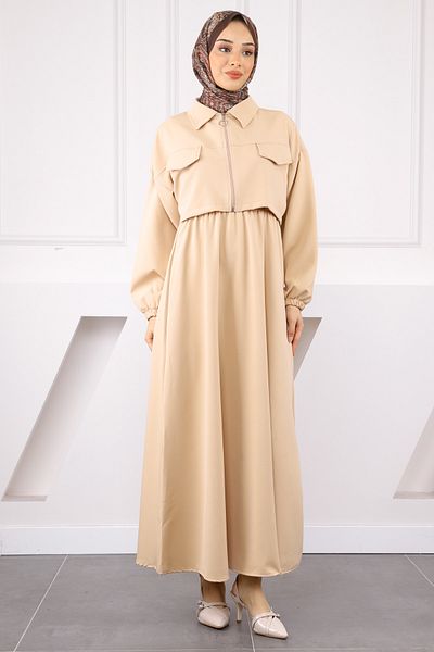 İmajButik Μπεζ μπουφάν με ελαστικό φόρεμα στη μέση