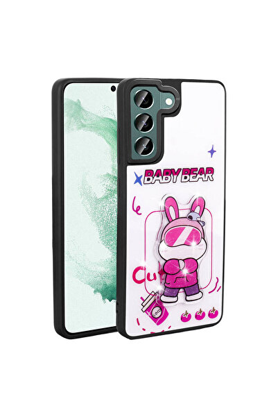 BUTAM BİLİŞİM حافظة هاتف Galaxy S21 FE من السيليكون مع شكل أيقوني منقوش لامع - أبيض