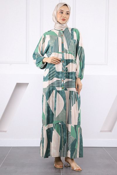İmajButik Πράσινο φόρεμα με μισό κουμπί με φούστα