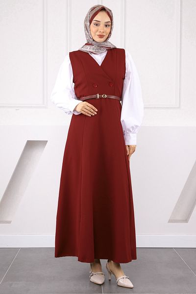 İmajButik Βουργουνδία Φόρεμα Gilet με Κουμπιά Μπροστά και Ζώνη