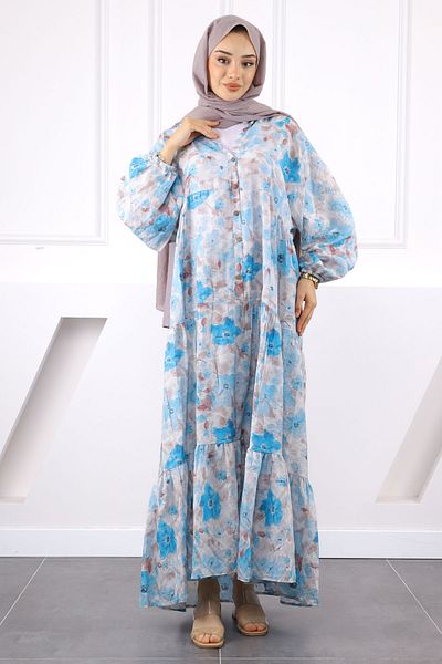 İmajButik Baby Blue Φόρεμα με μισό κουμπί με φούστα
