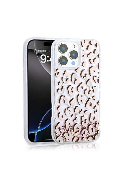 BUTAM BİLİŞİM حافظة آيفون 14 برو ماكس سائلة لامعة مطبوعة بسطح خلفي شفاف من السيليكون من موسا - وردي