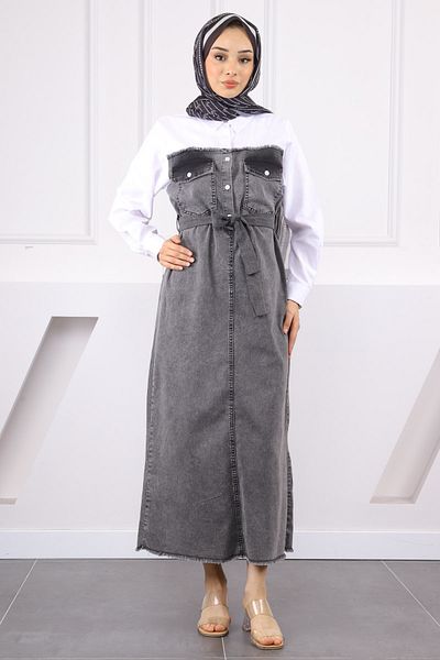 İmajButik Τζιν φόρεμα με γαρνιρισμένο πουκάμισο από ανθρακί