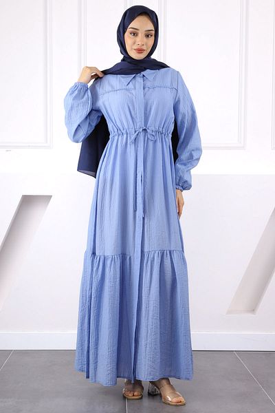 İmajButik Μπλε φόρεμα με δαντέλα με δέσιμο στη μέση
