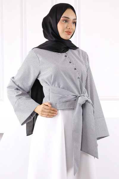 İmajButik Γκρι πουκάμισο με δέσιμο στη μέση