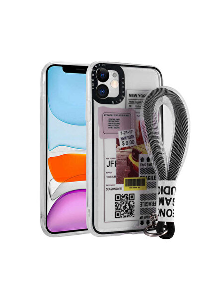 BUTAM BİLİŞİM حافظة سيليكون أستانا متوافقة مع هاتف iPhone 11 مع حزام يد منقوش ورباط - تاكسي أصفر