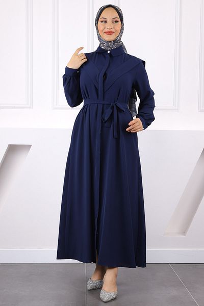 İmajButik Μπλε ναυτικό φόρεμα με κουμπιά μπροστά και τσέπες
