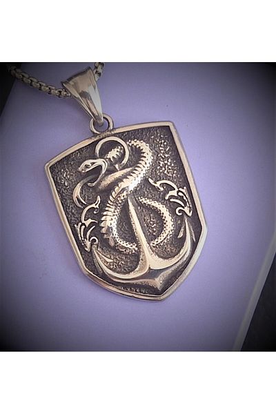 voyageaccessory Stainless Steel Snake Detailed Sailor Anchor Necklace / 60 cm Chain