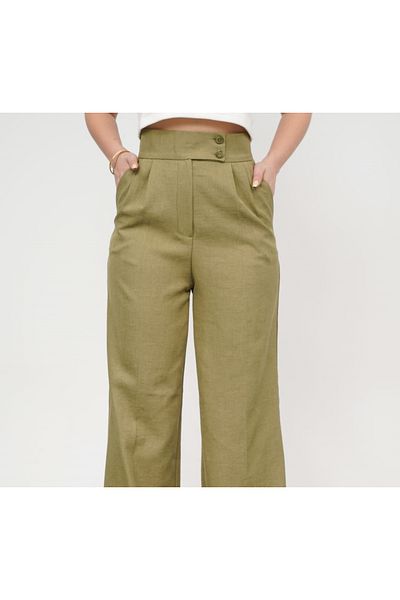 Leo Ferre Women's Pleated Double Button Linen Palazzo Pants 3009