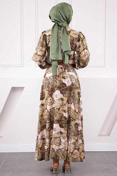 İmajButik Khaki Waist Belt Patterned Dress