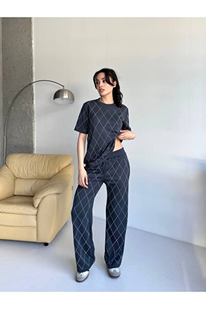 Amora Modal Kumaş Baklava Desen Taşlı İkili Takım