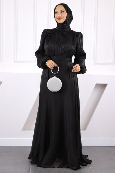 İmajButik Μαύρο βραδινό φόρεμα σιφόν με δραπέ μπροστά και ζώνη