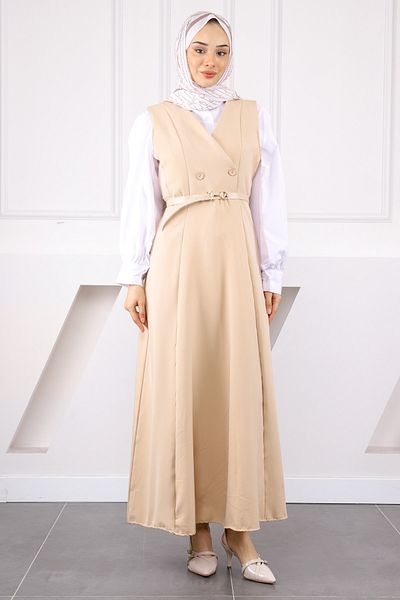 İmajButik Μπεζ φόρεμα Gilet με κουμπιά μπροστά και ζώνη