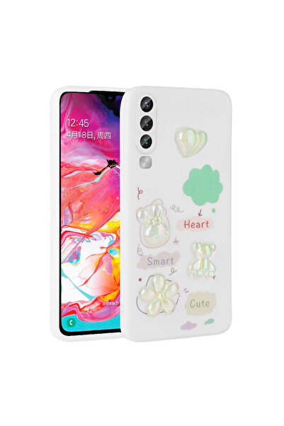 BUTAM BİLİŞİM غطاء سيليكون لامع لهاتف Galaxy A70 مع أشكال منقوشة - أبيض