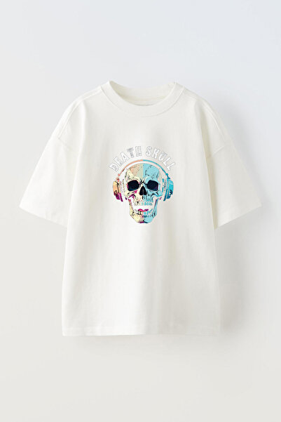 Anetos Tricou Death Skull Front cu imprimeu Cotton White supradimensionat