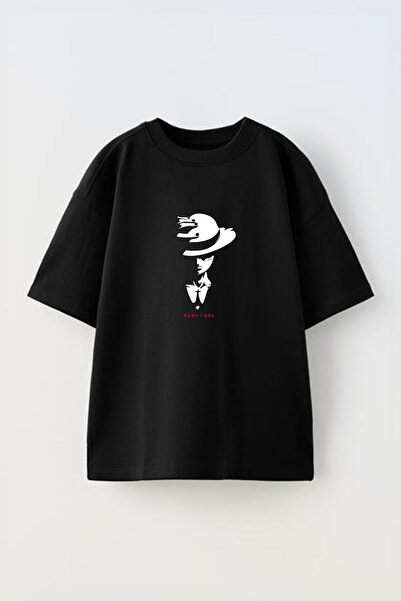 Anetos Tricou Anime Monkey D Luffy Pre cu imprimeu Cotton Black supradimensionat