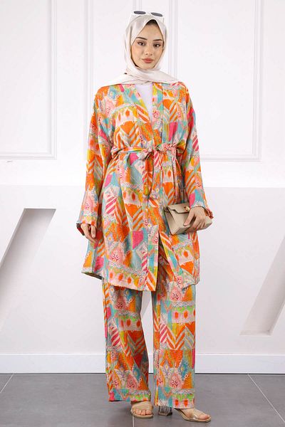 İmajButik Orange Patterned Kimono Pants Suit