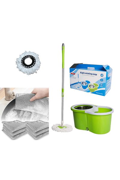 OEM Stainless Steel Rotating Mop with Telescopic Handle + Set of 3 Abrasive Fiber Dish Cloths