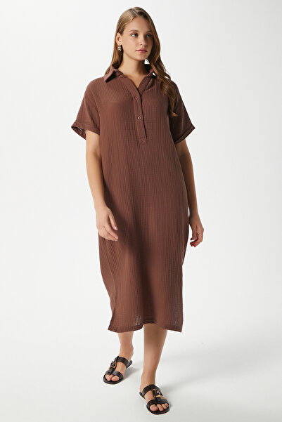 Ritnice Women's Eva 100% Cotton Muslin Polo Neck Slit Black Midi Dress