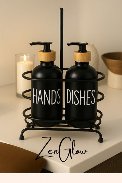 ZenGlow Set of 2 Black Bathroom-Kitchen Liquid Soap Dispenser Set 500ml Iron Stand Set Decorative
