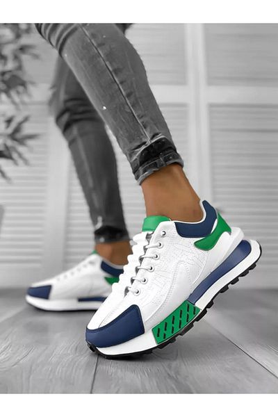 dehaine Men's casual sneakers, white, with green print, A100
