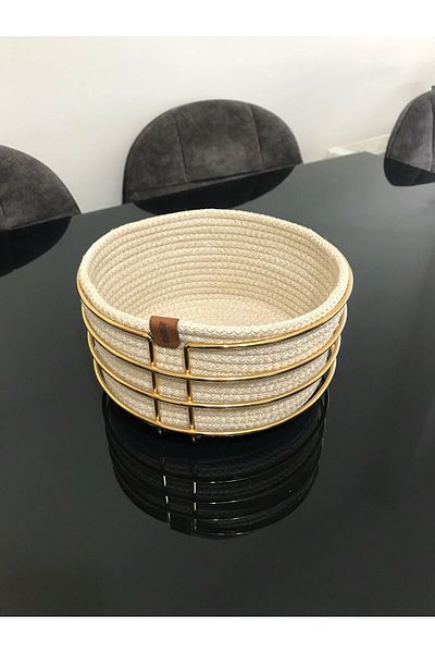 Farklıevim Round Bread Basket Stylish, Bread Basket Macrame-Gold Metal Stainless
