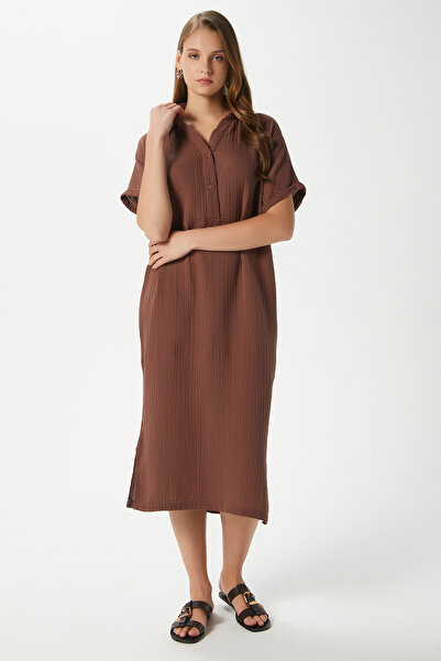 Ritnice Women's Eva 100% Cotton Muslin Polo Neck Slit Black Midi Dress