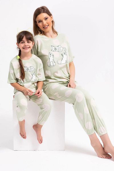 ROLY POLY 2790 Cat Patterned Pajama Set with Elastic Legs (Mother and Daughter Can Be Combined)