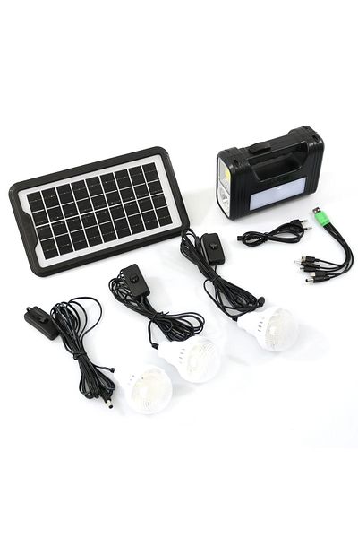 OEM GDPLUS solar lighting system with 3 bulbs, flashlight and USB charger, portable, GD-8017COB