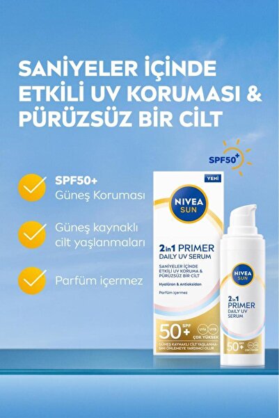 NIVEA SUN SPF50+ Güneş Koruyucu Primer Nemlendirici Makyaj Bazı 30ml, Hyaluron, Antioksidan, Parfümsüz
