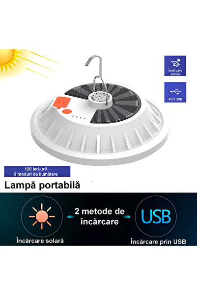 ZEQAS Camping Lamp with 120LEDs, 60W, Multifunctional, Solar/USB Rechargeable, Remote Control, White