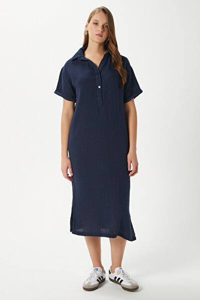 Ritnice Women's Eva 100% Cotton Muslin Polo Neck Slit Navy Blue Midi Dress