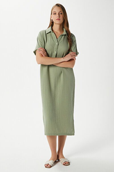 Ritnice Kadın Eva %100 Pamuk Müslin Polo Yaka Yırtmaçlı Haki Midi Elbise